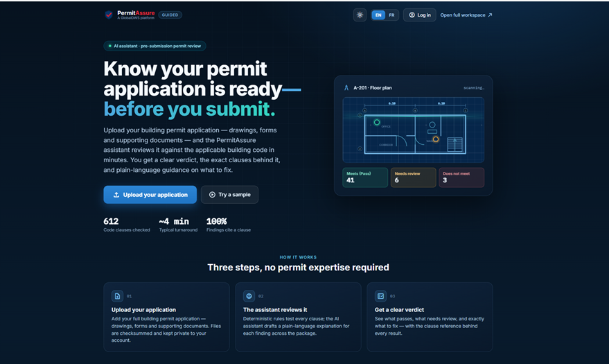 Screenshot of the PermitAssure guided assistant landing page, showing pre-submission permit review with pass, needs-review and does-not-meet clause counts
