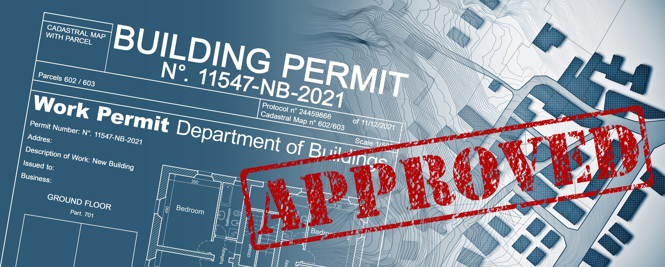 A building permit application marked with a red APPROVED stamp over a cadastral site plan