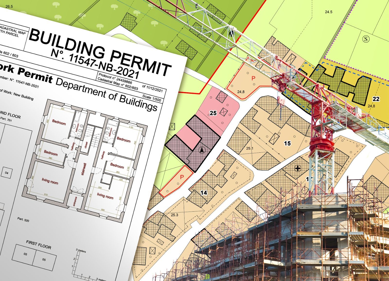 A building permit sheet laid over a coloured cadastral site map, with a crane above a partly built structure.